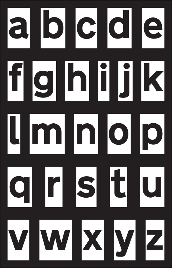 A screenshot of a white background with black lowercase letters from A to Z