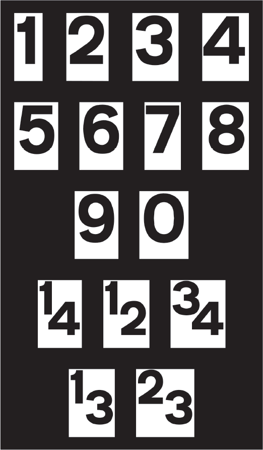 A screenshot of a white background with black numerals from 0 to 9 and quarter measurements