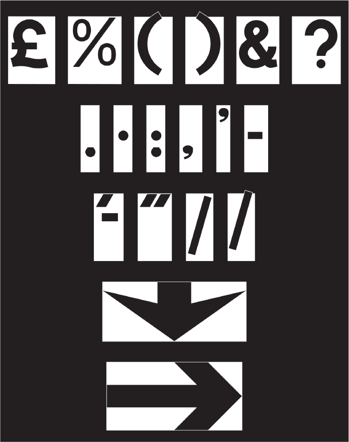 A screenshot of a white background with black various symbols