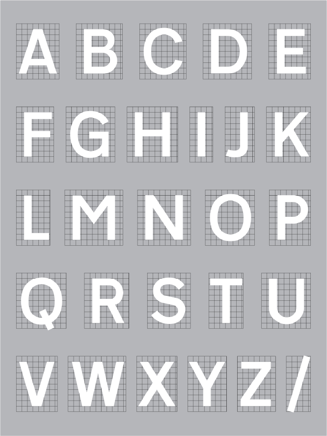 A screenshot of a grey background with grid lines and white uppercase letters from A to Z