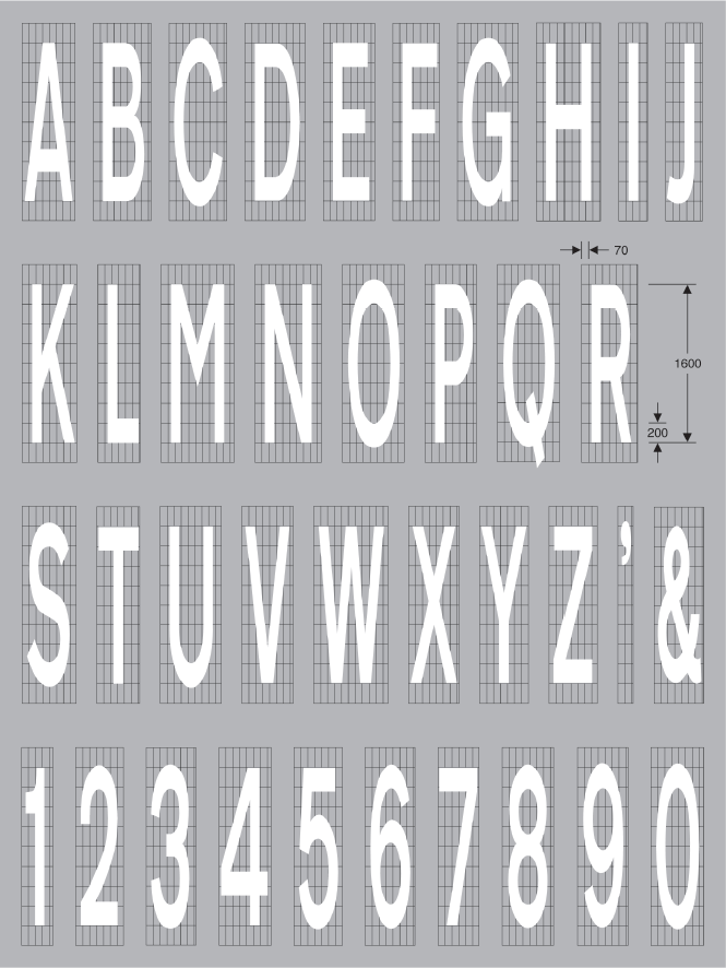 A screenshot of a grey background with grid lines and white uppercase letters from A to Z and numbers 0 to 9