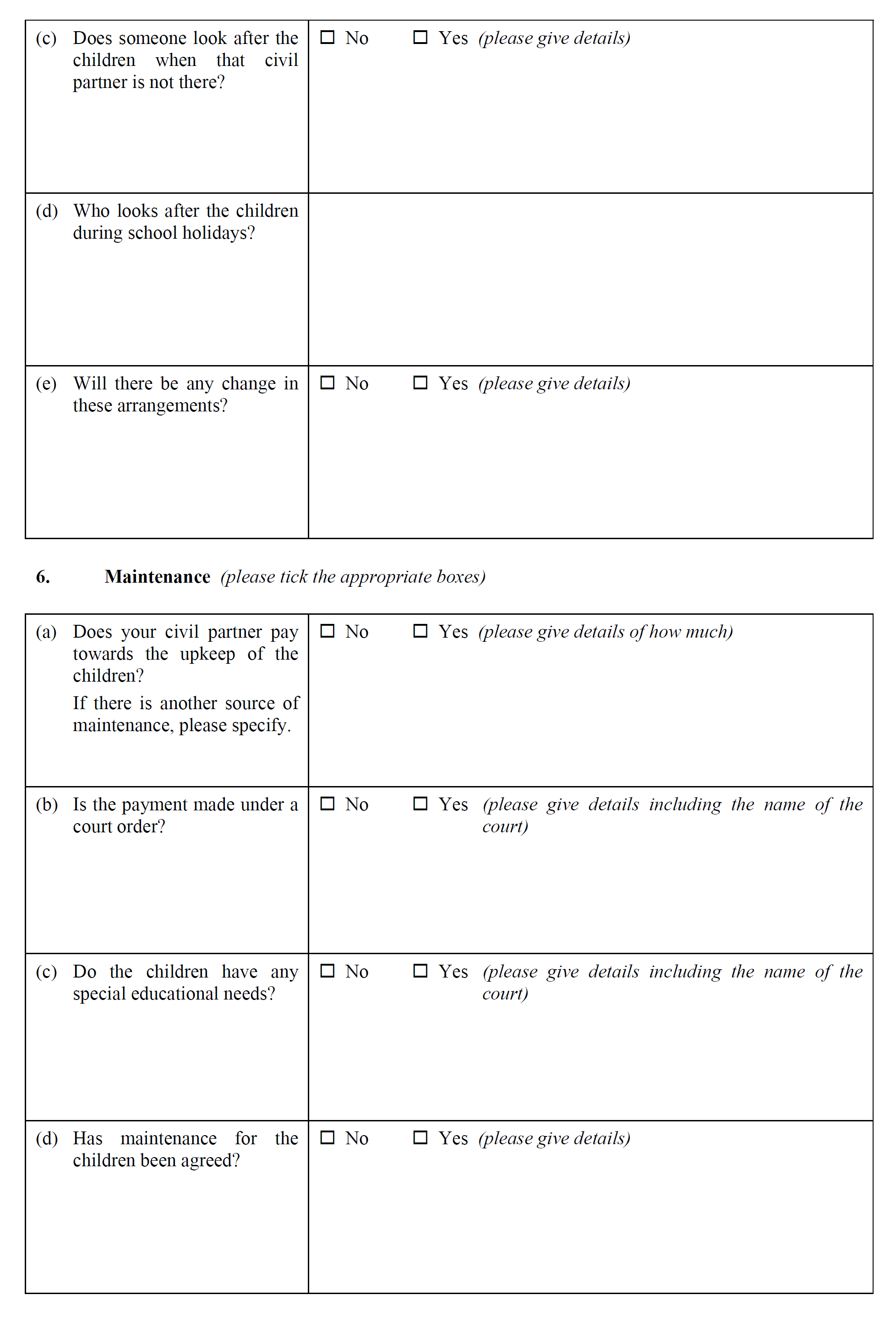 Form CP5 - Statement as to arrangements for children - continued