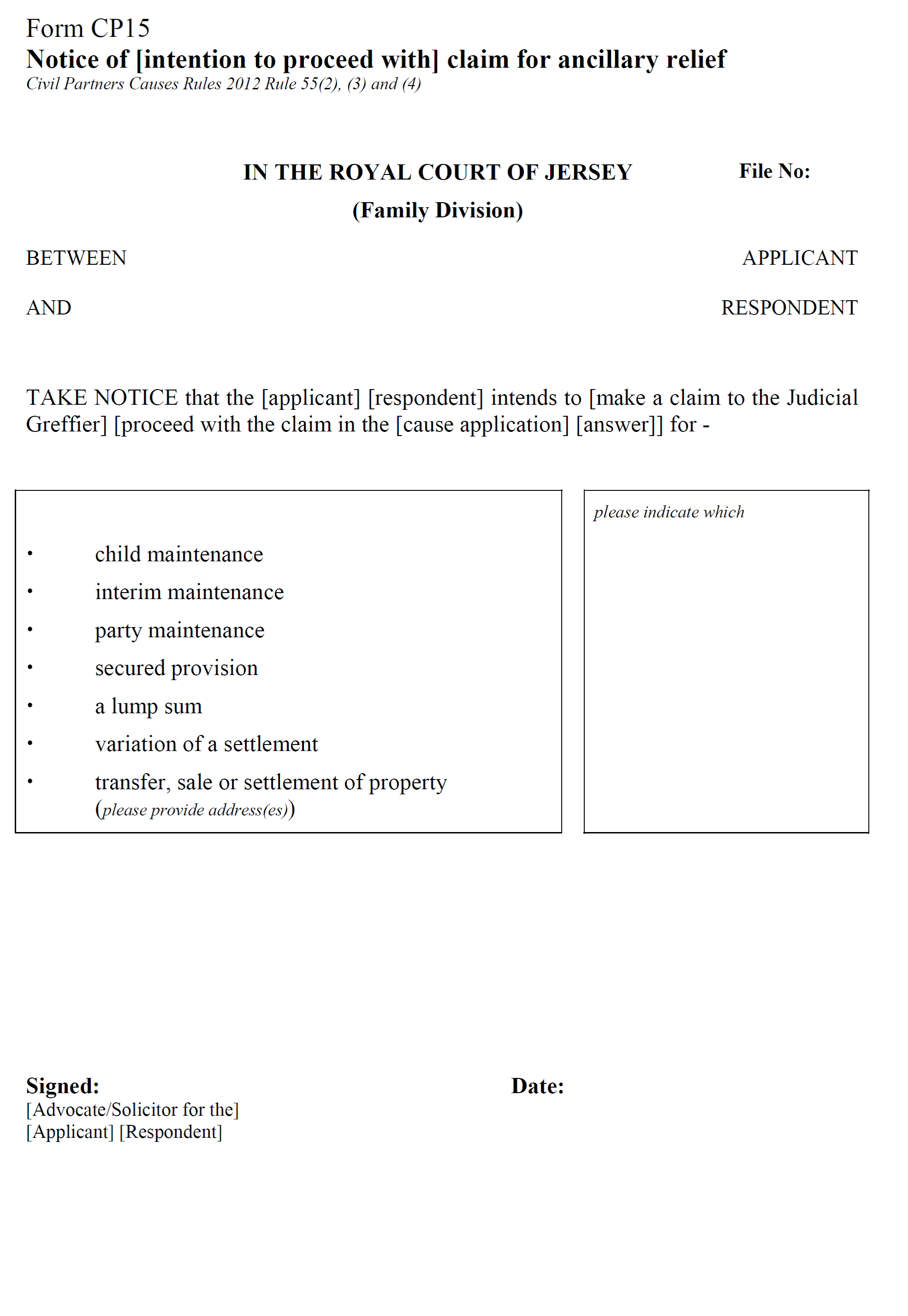 Form CP15 - Notice of claim for ancillary relief