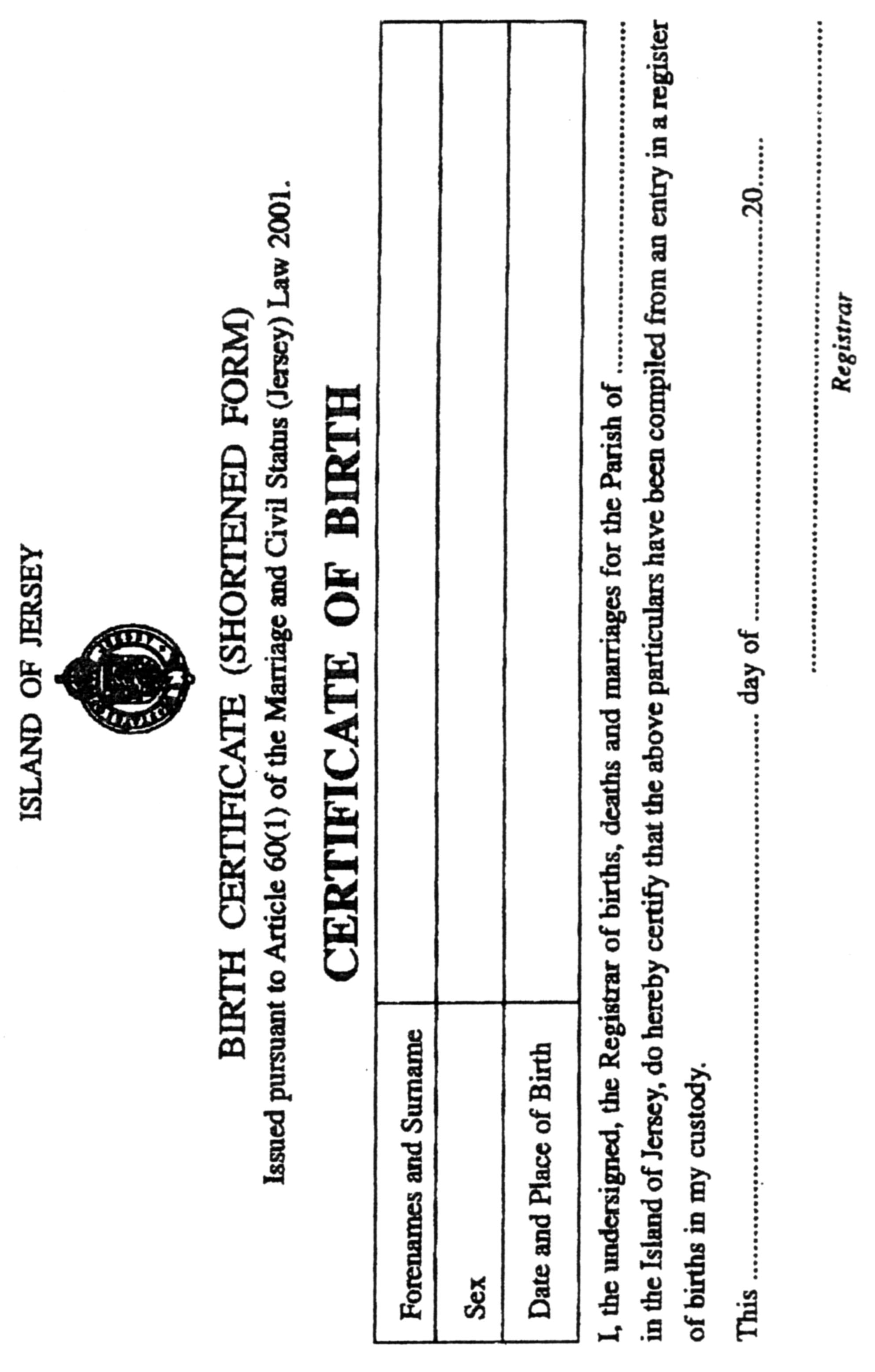 Short birth certificate issued by registrar