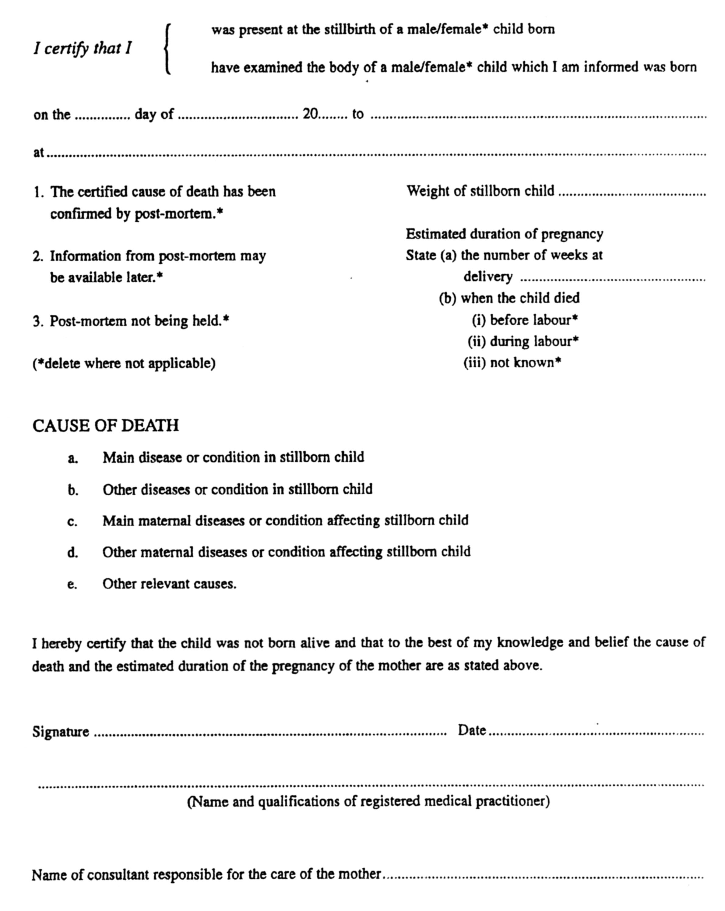 Certificate of fact and cause of stillbirth