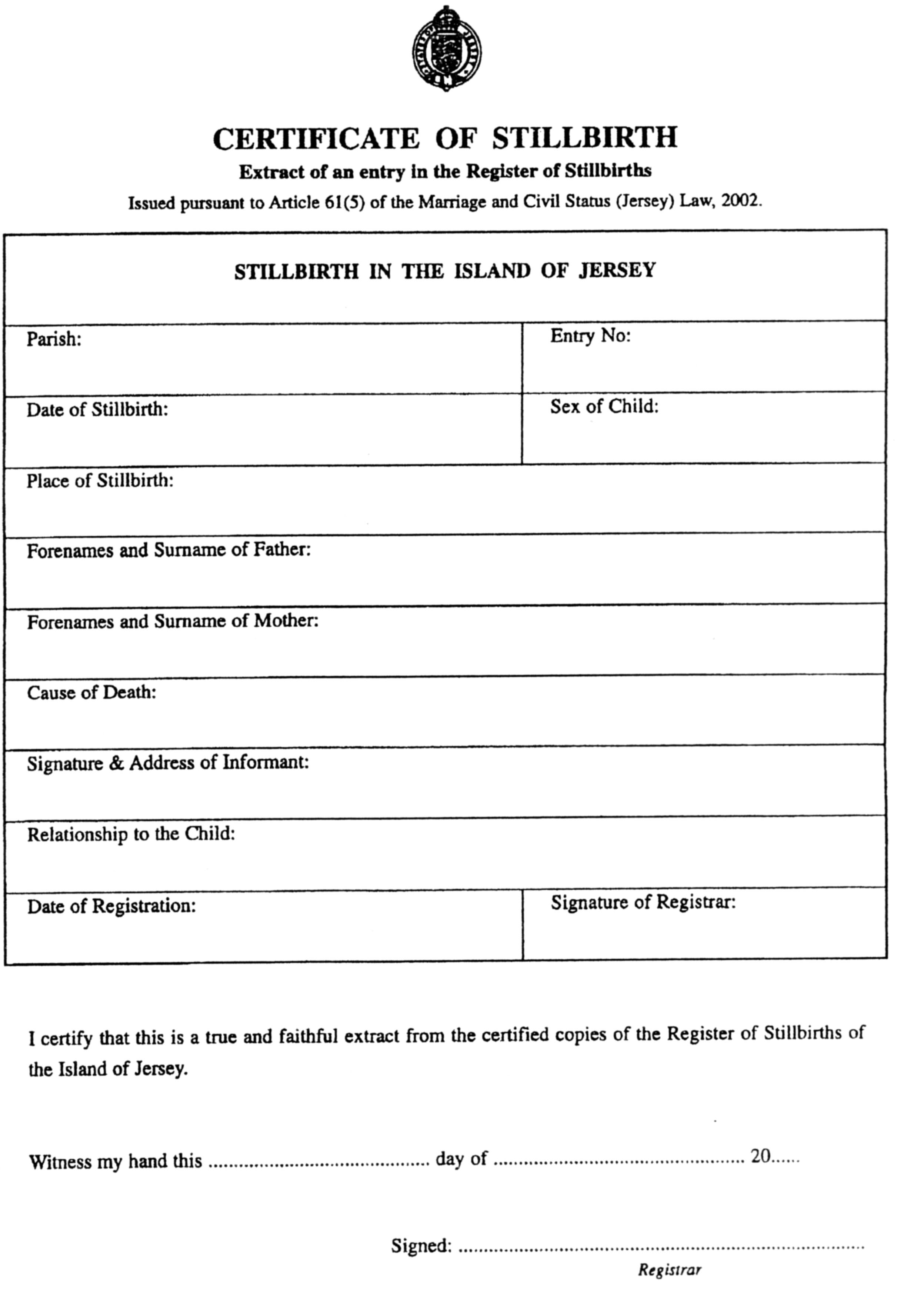 Certificate of registration of stillbirth