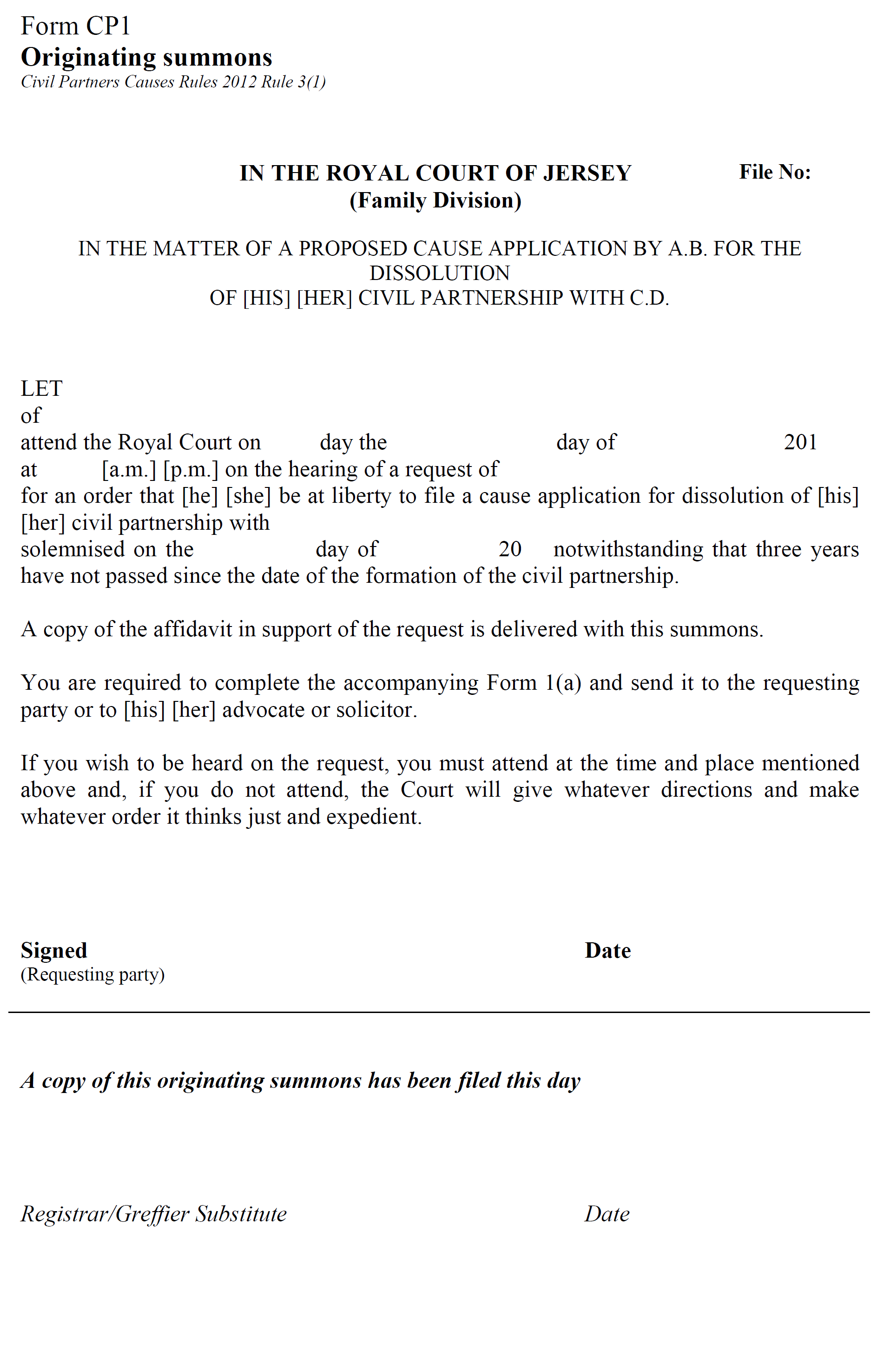 Form CP1 - Originating summons