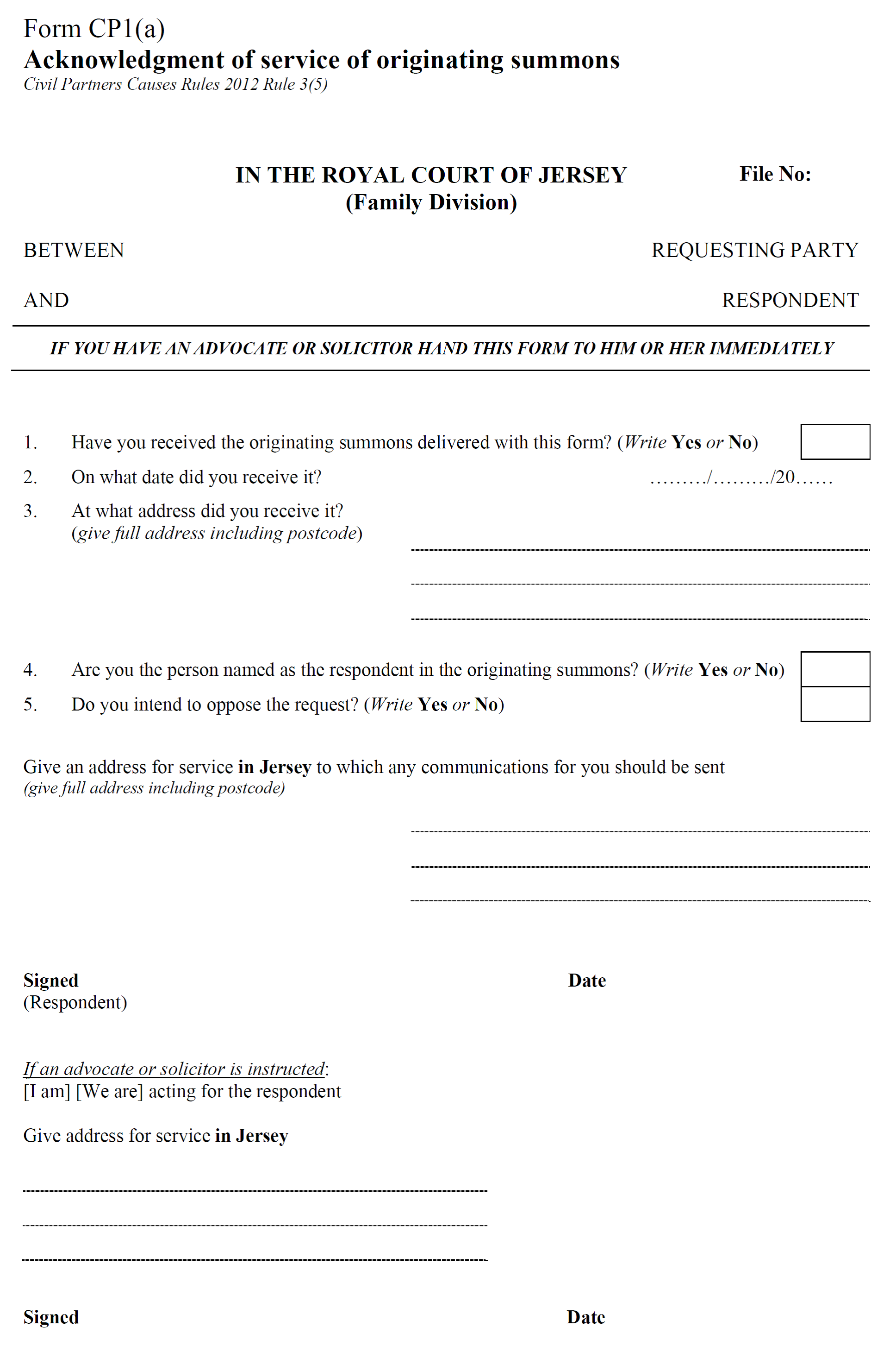 Form CP1(a) - Acknowledgement to Originating Summons