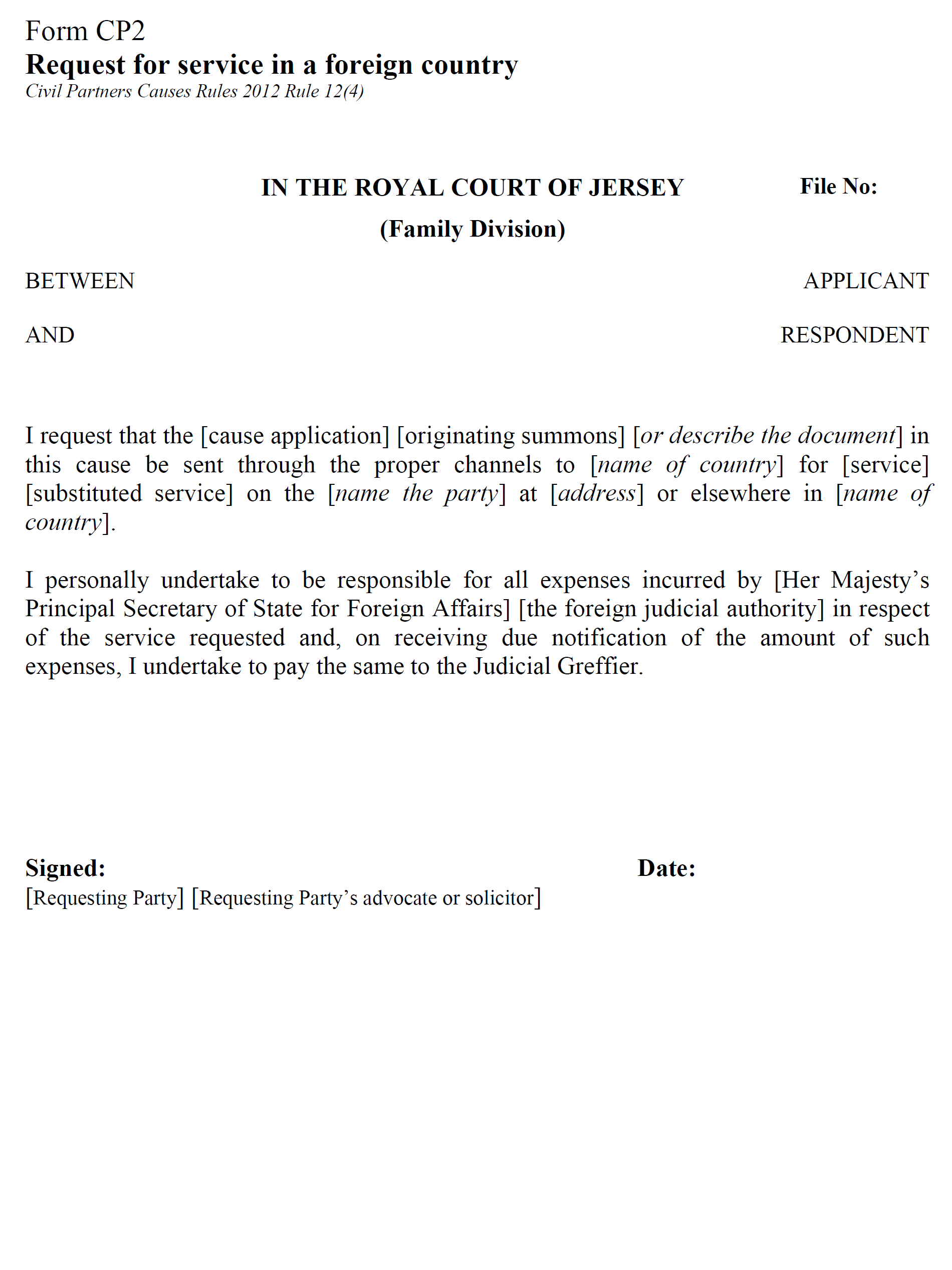 Form CP2  - Request for service in a foreign country