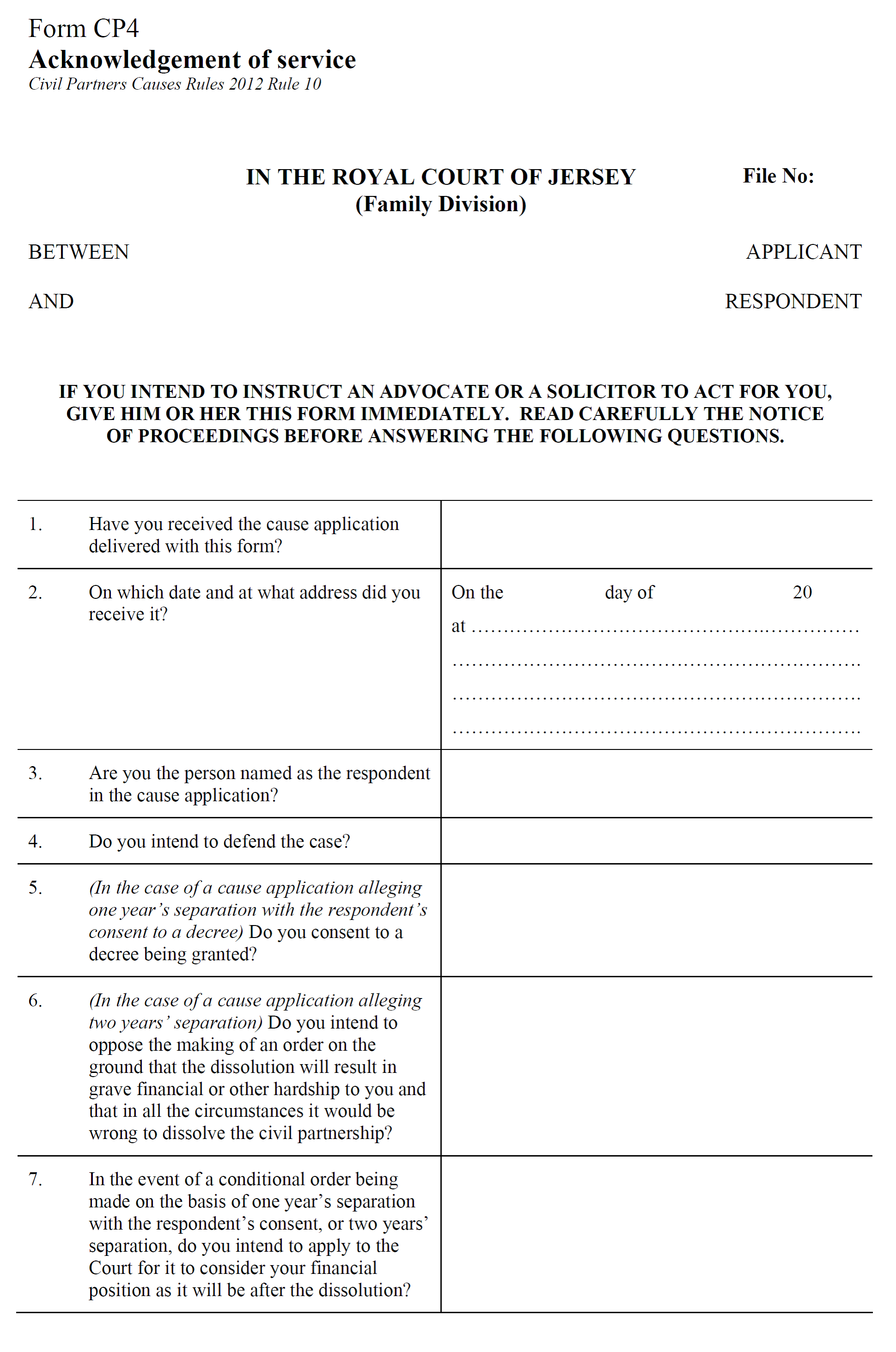 Form CP4 - Acknowledgement of service