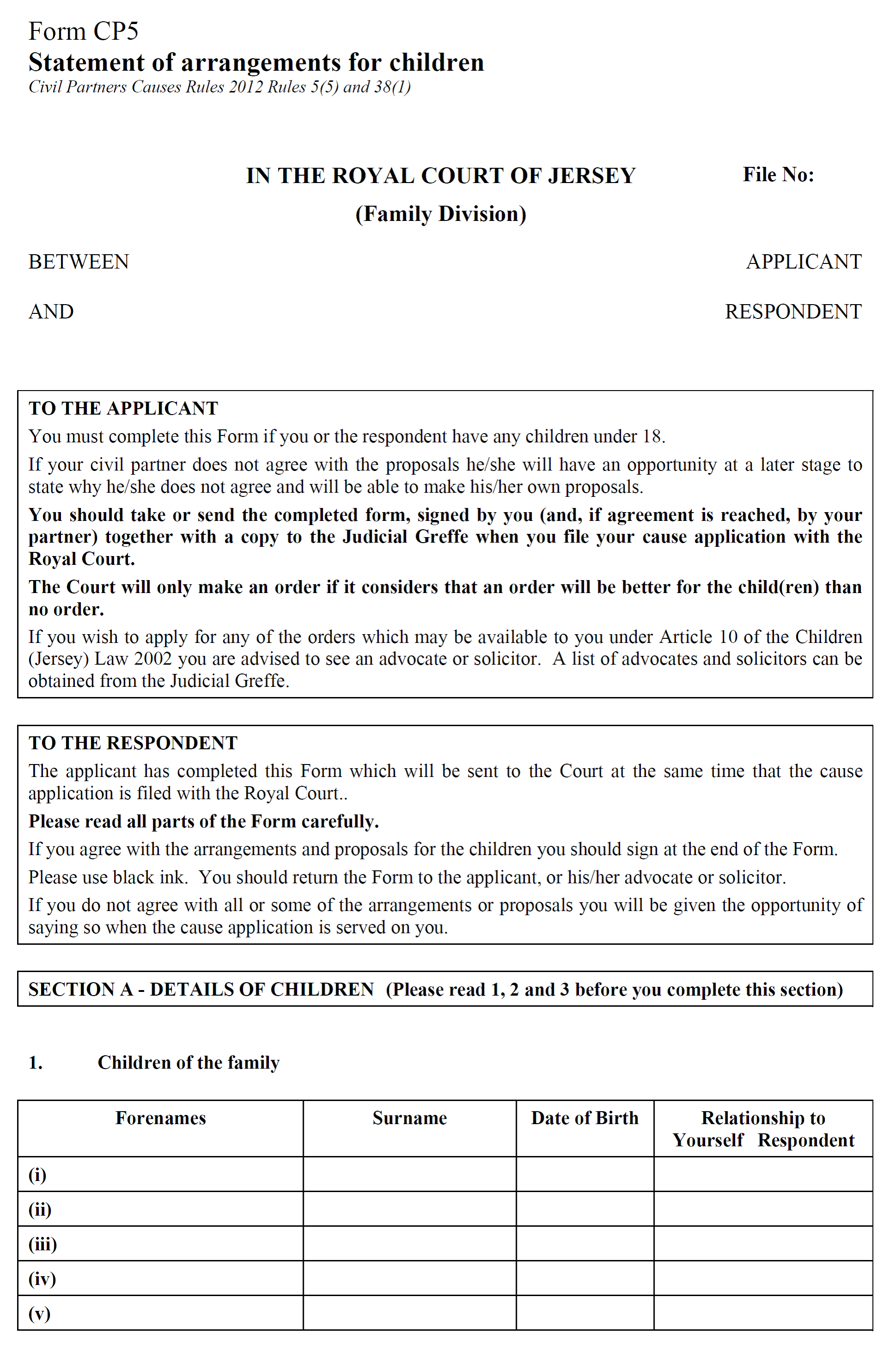 Form CP5 - Statement as to arrangements for children