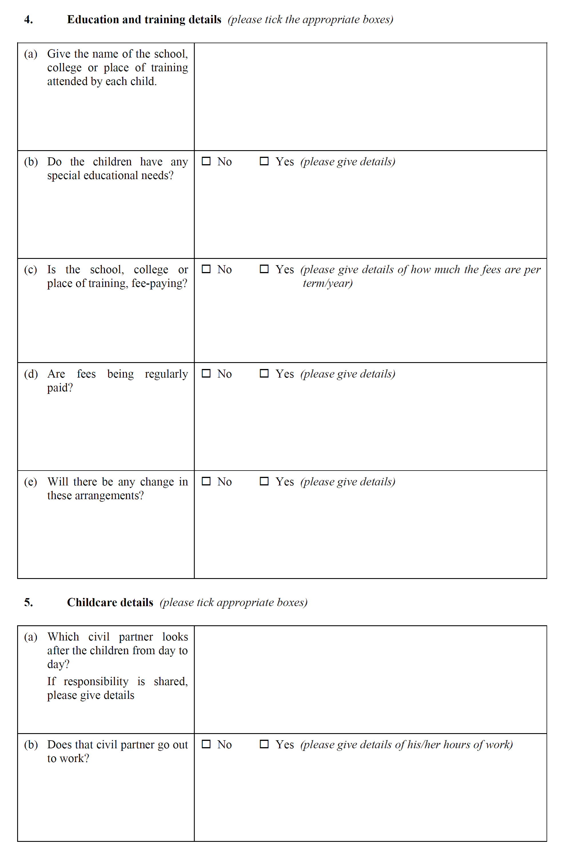 Form CP5 - Statement as to arrangements for children - continued