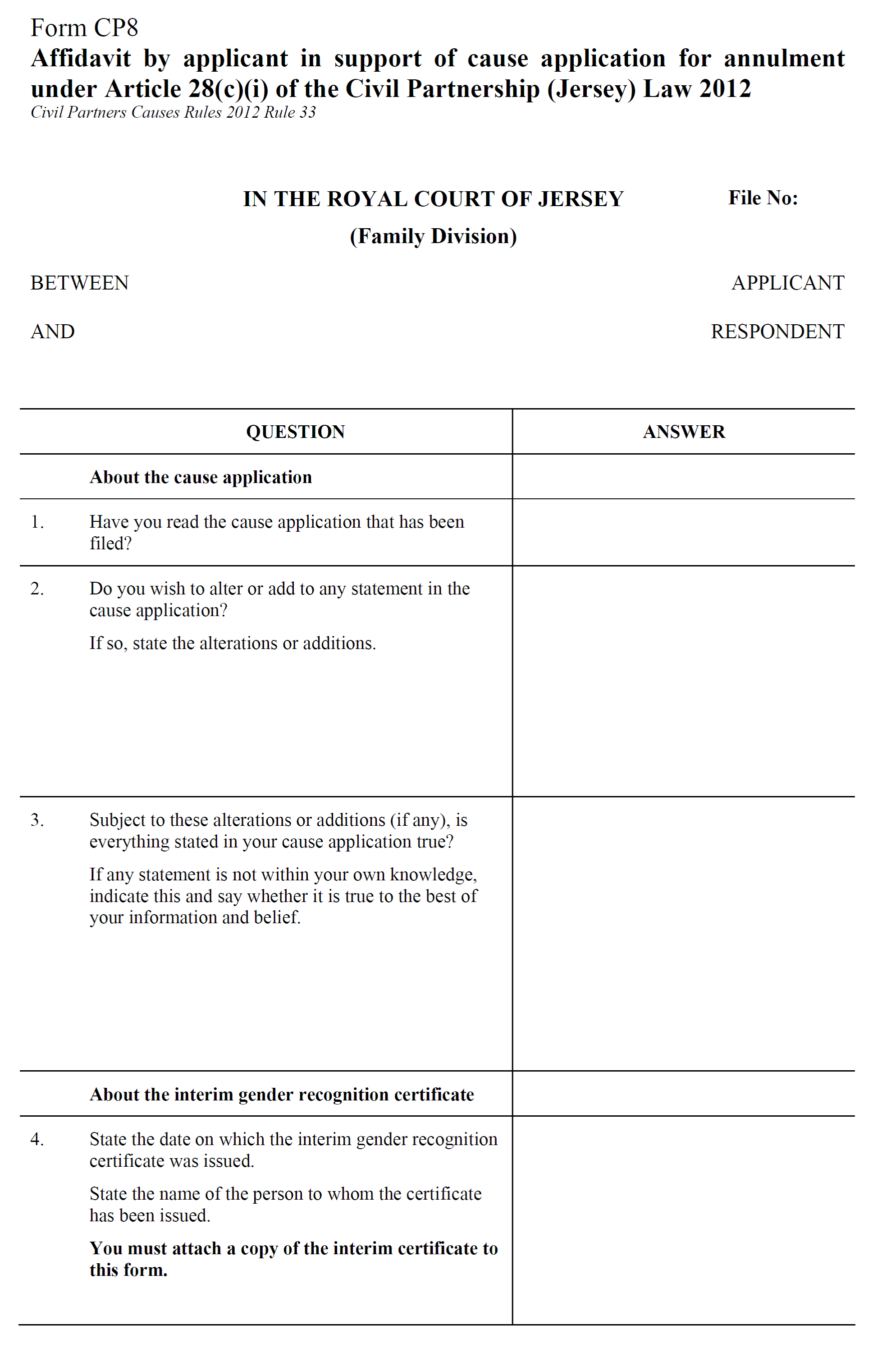 Form CP8 - Affidavit by applicant in support of cause application for annulment under Article 28(c)(i) of the Civil Partnership (Jersey) Law 2012