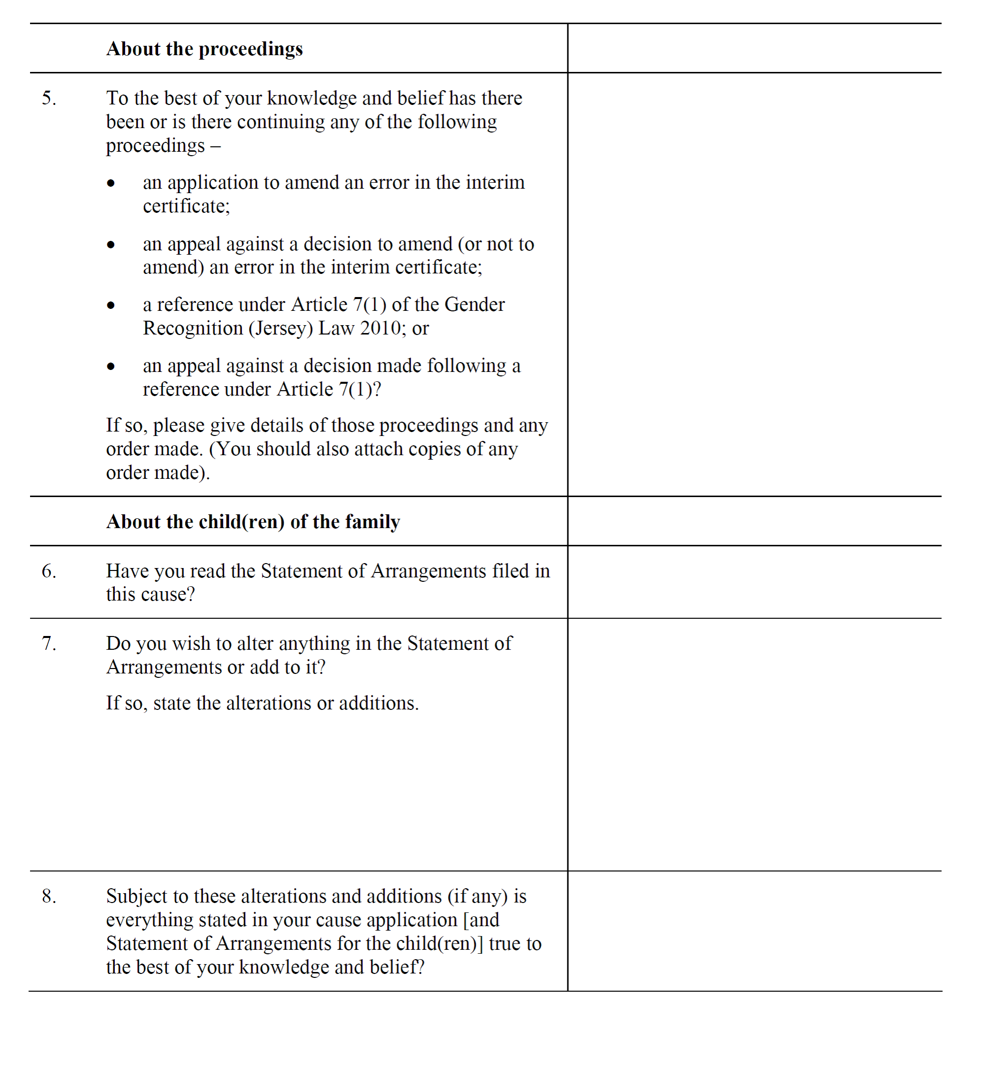 Form CP8 - Affidavit by applicant in support of cause application for annulment under Article 28(c)(i) of the Civil Partnership (Jersey) Law 2012 - continued