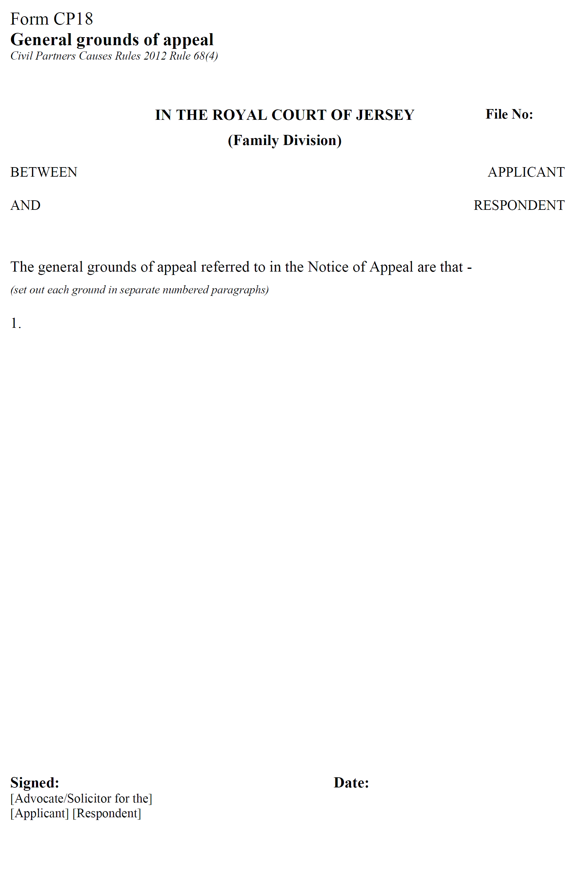 Form CP18 - General grounds of appeal