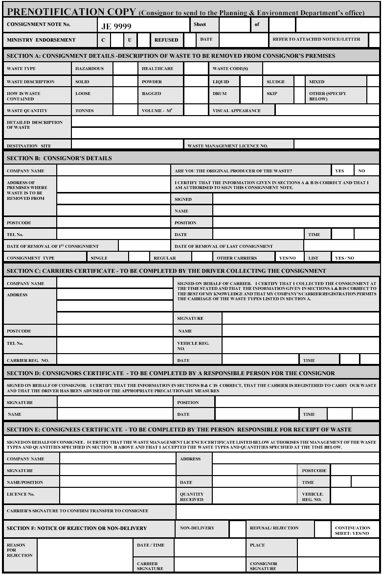 Form 1 - consignment note for internal movement of waste